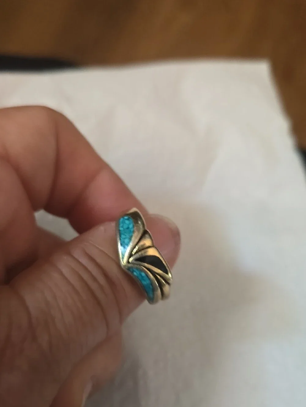 Vintage COP Turquoise Inlay Swirl Band Ring  - Gold Tone, Mens
